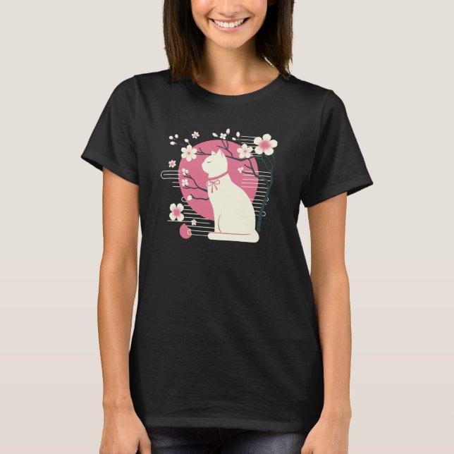Spring Cherry Blossoms, Sakura with Cute Cat T-Shirt (Front)