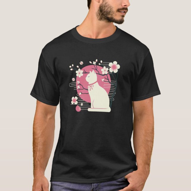 Spring Cherry Blossoms, Sakura with Cute Cat T-Shirt (Front)