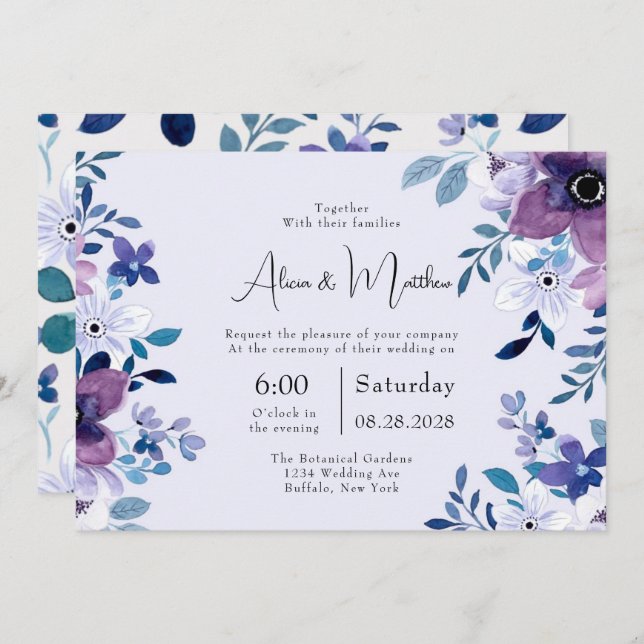 Spring Chic Painted Purple and Teal Peony Wedding Invitation (Front/Back)
