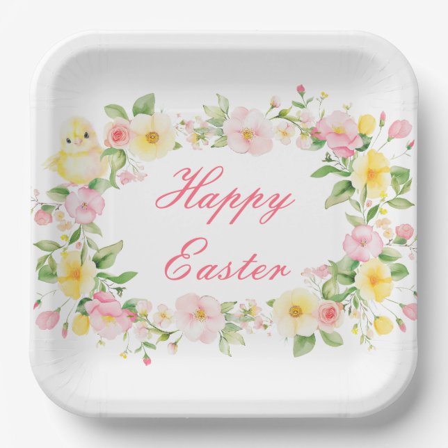 Spring Chick Floral Easter Egg Hunt Party Paper Plate (Front)