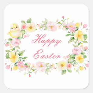 Spring Chick Floral Easter Egg Hunt Party Square Sticker