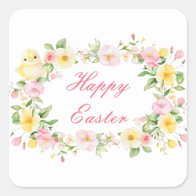 Spring Chick Floral Easter Egg Hunt Party Square Sticker (Front)