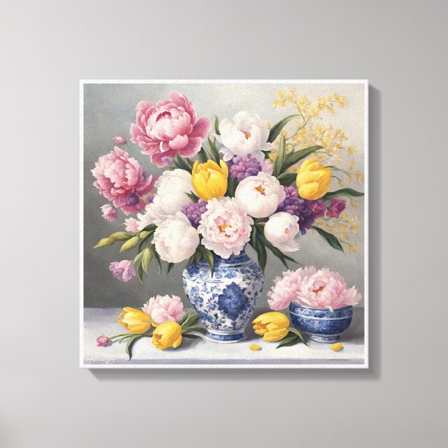 Spring Chinoiserie Blue White Vase Peonies Tulips Canvas Print (Front)