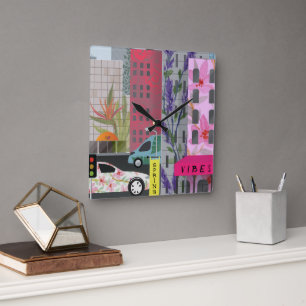 Spring City Vibes Watercolor Floral Urban Art Square Wall Clock