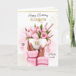 Spring Coffee Cup with Tulips Happy Birthday Holiday Card