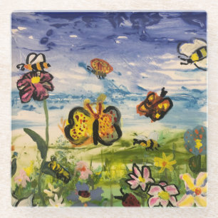 Spring colorful butterflies wildflowers glass coaster