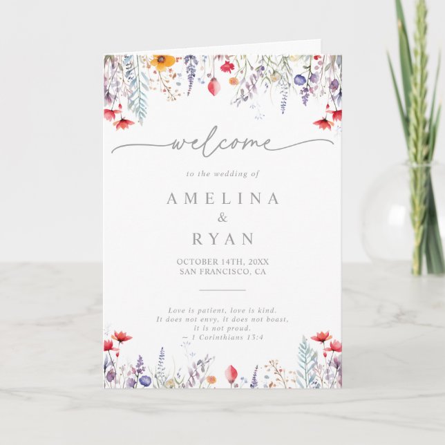 Spring Colorful Wildflower Minimal Folded Wedding Programme (Front)