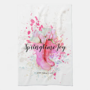 Spring Colour Splash Watercolor Pink Boots & Tea Towel