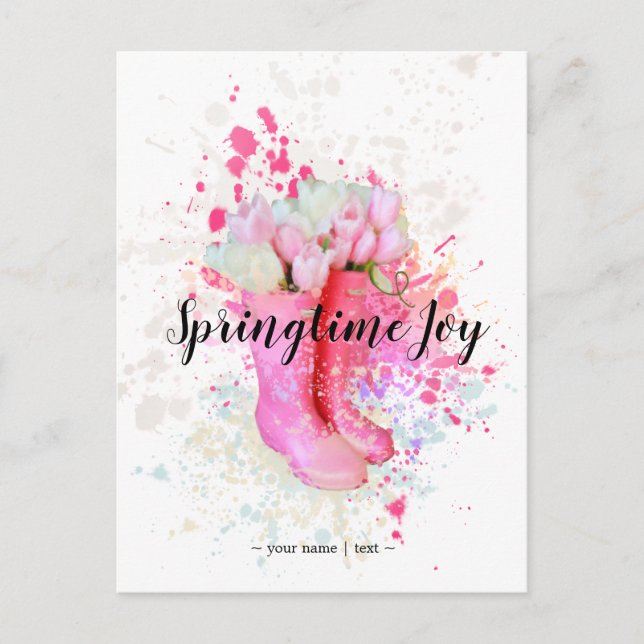 Spring Colour Splash Watercolor Pink Boots & Tulip Postcard (Front)