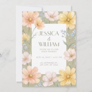 Spring Colour Wildflowers Olive Wedding Invitation