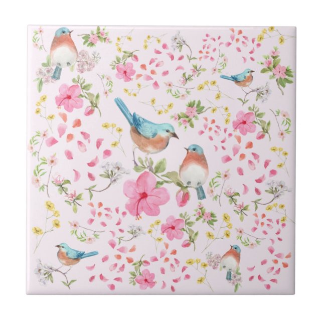 Spring Colourful Birds and Flowers    Tile (Front)