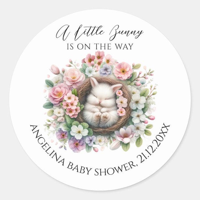 Spring colourful floral bunny Baby Girl Shower Classic Round Sticker (Front)