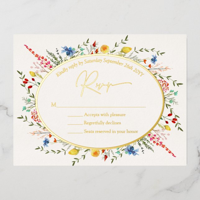 Spring Colourful Floral Wildflowers Garden RSVP Foil Invitation Postcard (Front)