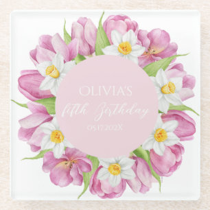Spring Colourful Flower Kids Birthday Glass Coaster