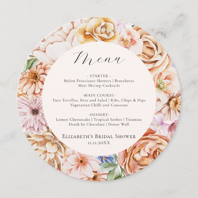 Spring Colourful Flowers Romantic Bridal Shower Me Menu (Front)