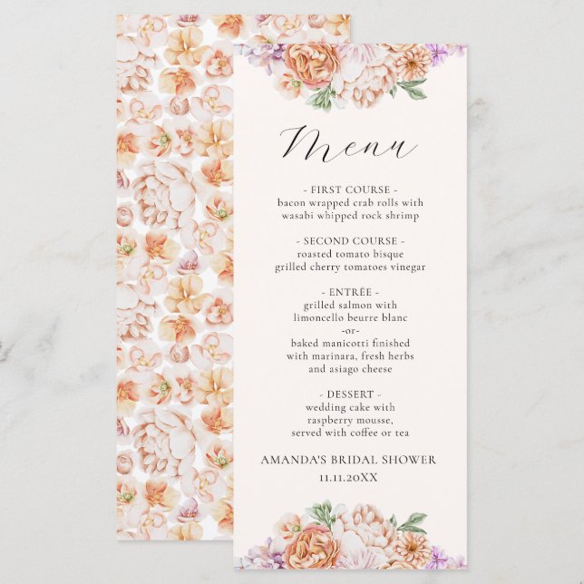 Spring Colourful Flowers Romantic Bridal Shower Menu (Front/Back)