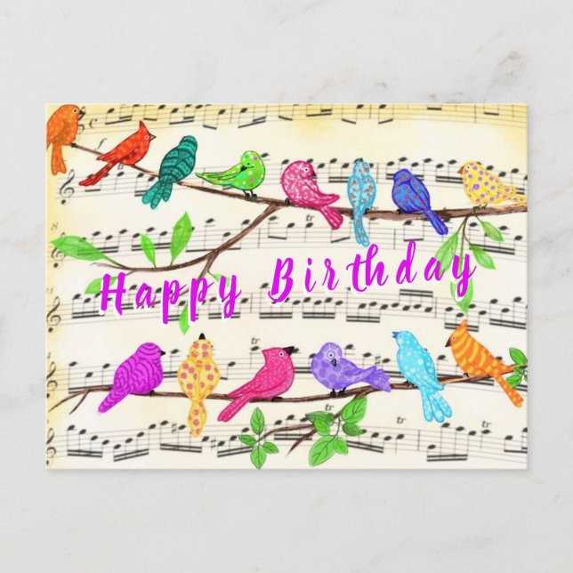 Spring Colourful Musical Bird Birthday Card (Front)