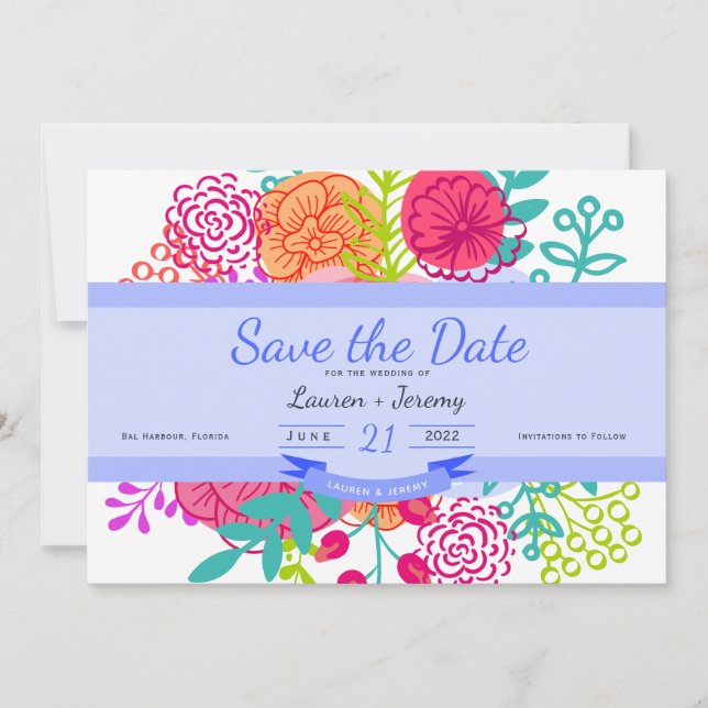 Spring Colourful Vibrant Floral Sketch Bouquet Sav Save The Date (Front)