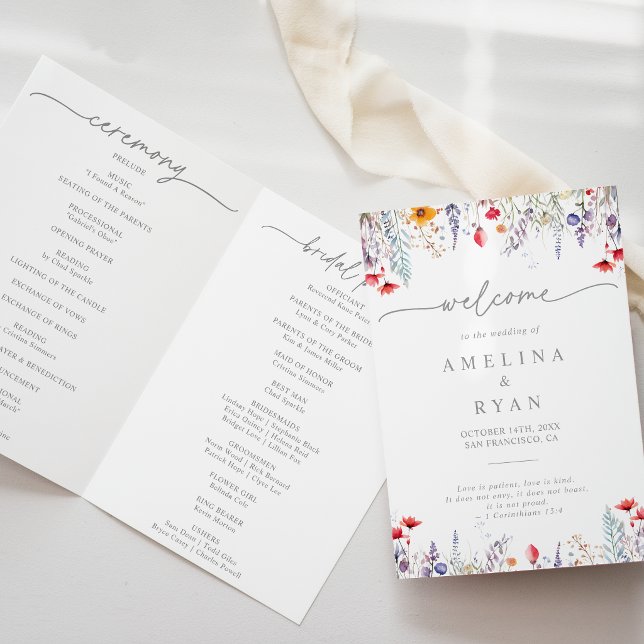 Spring Colourful Wildflower Minimal Folded Wedding Programme (Creator Uploaded)