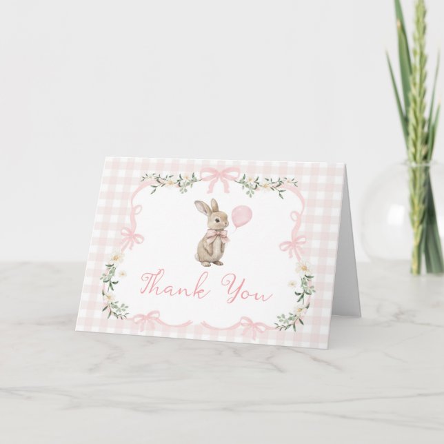 Spring Coquette Bunny Pink Gingham 1st Birthday Thank You Card (Front)