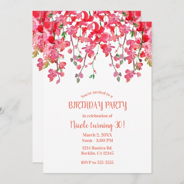 Spring Coral Orchid Branches Floral Birthday Party Invitation (Front/Back)