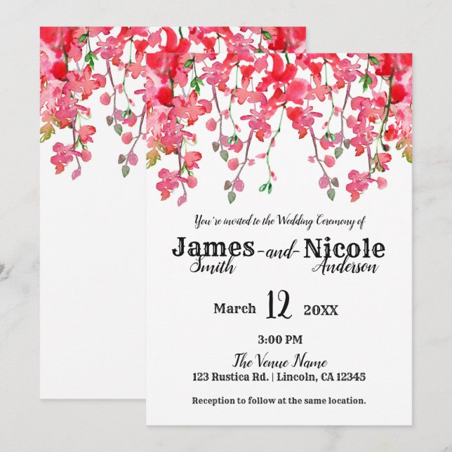 Spring Coral Orchid Branches Floral Wedding Invitation (Front/Back)