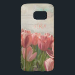 Spring Coral Pink Tulips w Grey Wood Butterfly Art<br><div class="desc">This customisable designer phone case with your triple monogram began with a hand painted image of coral pink spring tulips from "The River of Flowers" in Belgium, Holland. The painting also features a grey wooden fence board background with an elegant, simple and subtle butterfly in the background. Copyright all rights...</div>