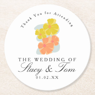Spring Cosmos Floral Hand Drawn Wedding  Round Paper Coaster