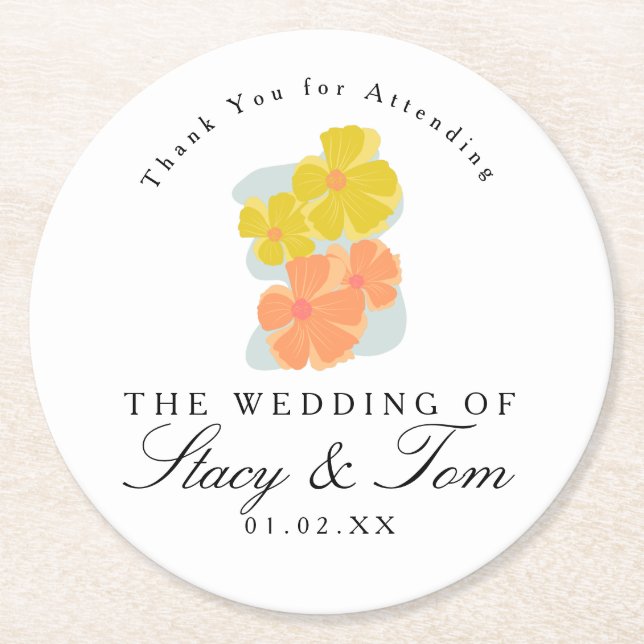 Spring Cosmos Floral Hand Drawn Wedding  Round Paper Coaster (Front)