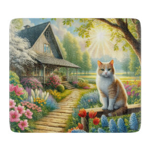 Spring cottage/garden & cat cutting board