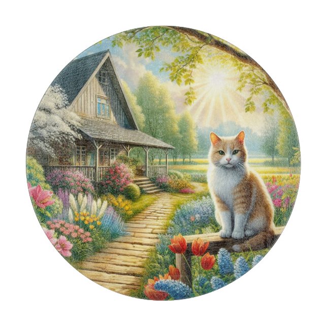 Spring cottage/garden & cat cutting board (Front)