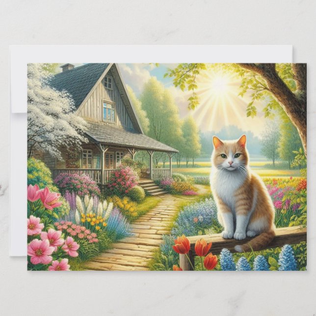 Spring cottage/garden & cat holiday card (Front)
