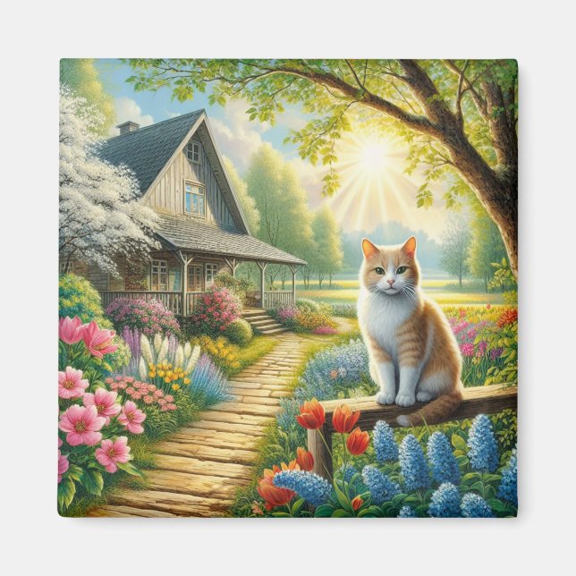 Spring cottage/garden & cat magnet (Front)