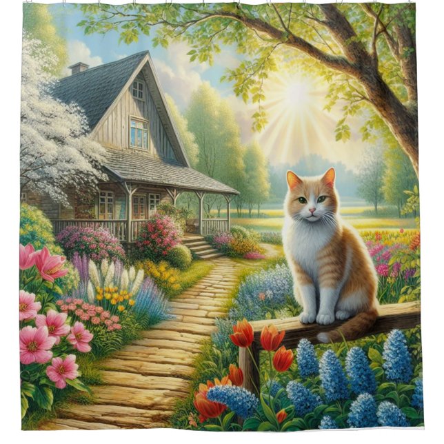 Spring cottage/garden & cat shower curtain (Front)