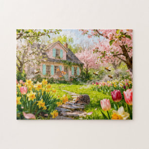 Spring Cottage with Bees, Hedgehog and Blossoming  Jigsaw Puzzle