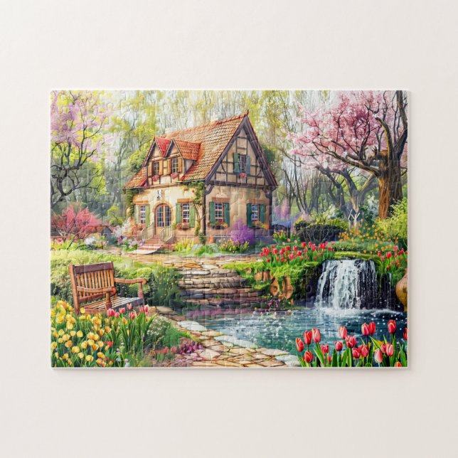 Spring Cottage with Blooming Tulips Jigsaw Puzzle (Horizontal)