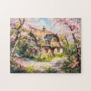 Spring Cottage with Blossoming Fruit Trees Jigsaw Puzzle