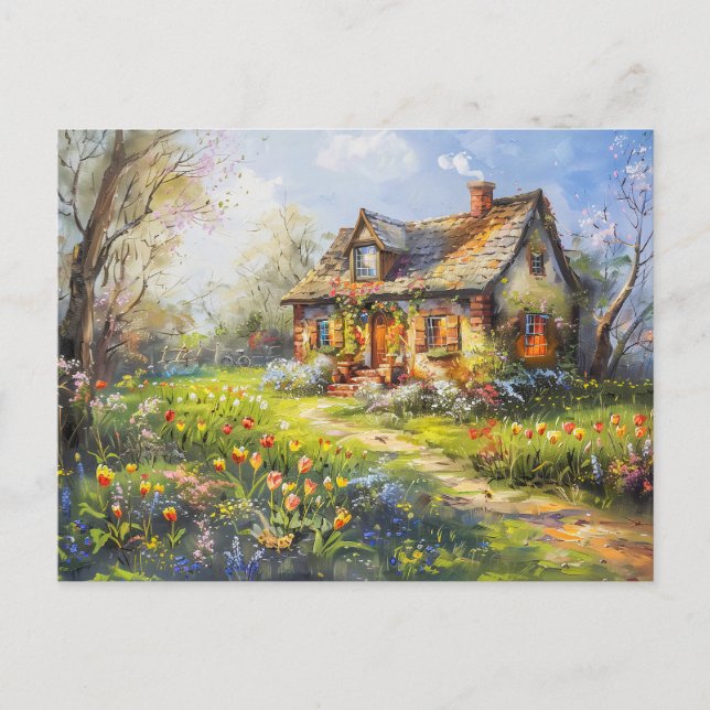 Spring Cottage with tulips Wildflower Meadow Postcard (Front)