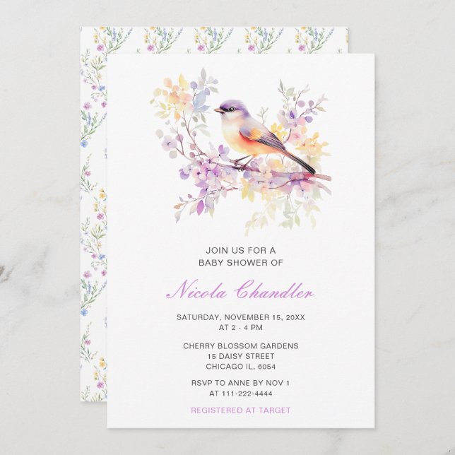 Spring Cute Bird Baby Shower Invitation (Front/Back)