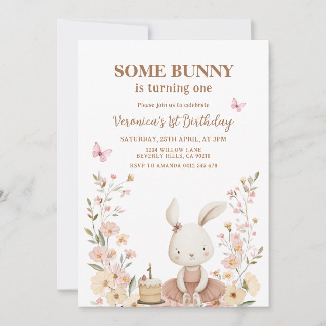 Spring Cute Bunny Rabbit 1st Birthday  Invitation (Front)