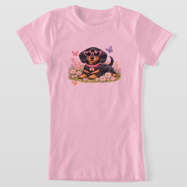 Spring Cute Dachshund in Flower Fields T-Shirt (Laydown)