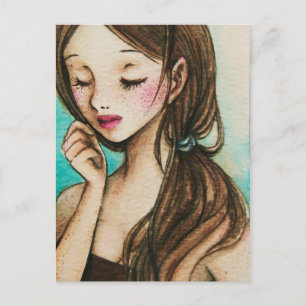 Spring (cute girl with freckles watercolour art) postcard