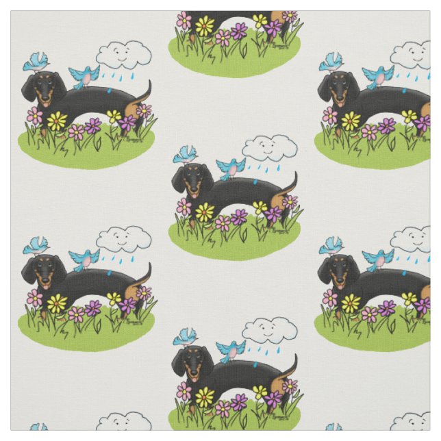 Spring Dachshund (black and tan) Cute dog Fabric (Swatch)