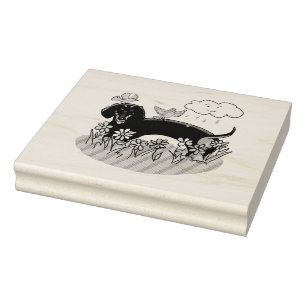 Spring Dachshund (black and tan) Cute dog Rubber Stamp