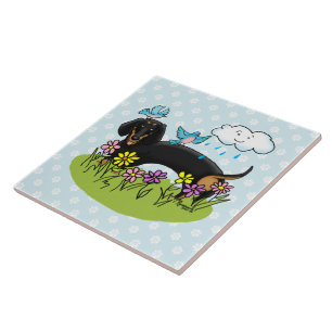 Spring Dachshund (black and tan) Cute dog Tile
