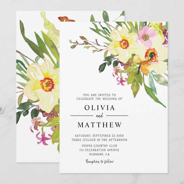 Spring Daffodil Bouquet Watercolor Floral Wedding Invitation (Front/Back)