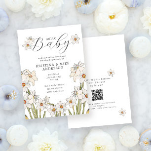 Spring Daffodil QR Code Hello Baby Shower Invitation