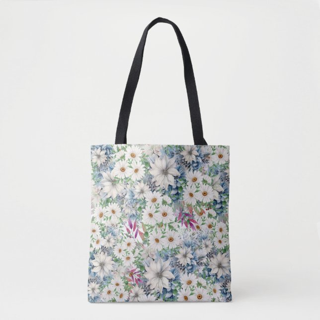 Spring Daisies & Blue Floral Pattern Tote Bag (Front)