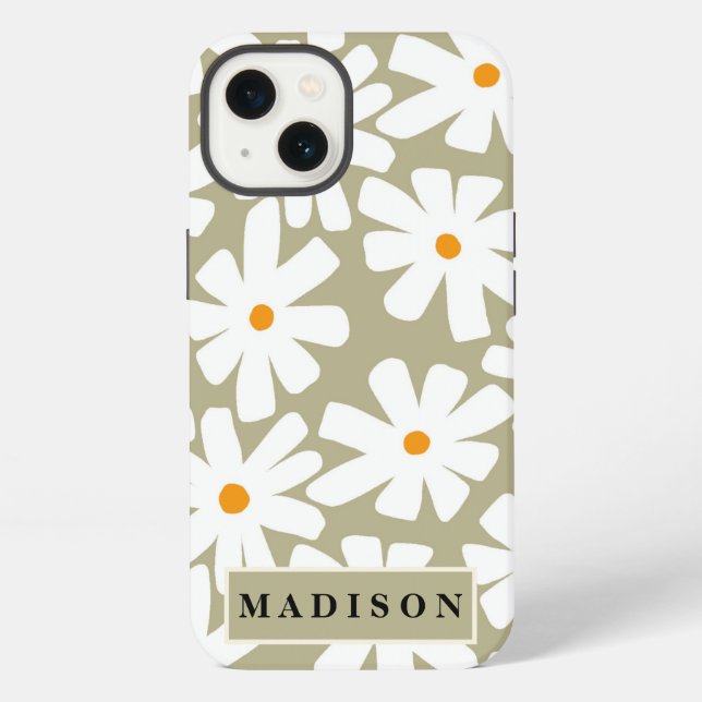 Spring daisies floral retro pattern sage green iPhone case (Back)