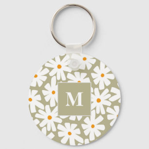Spring daisies floral retro pattern sage green  key ring